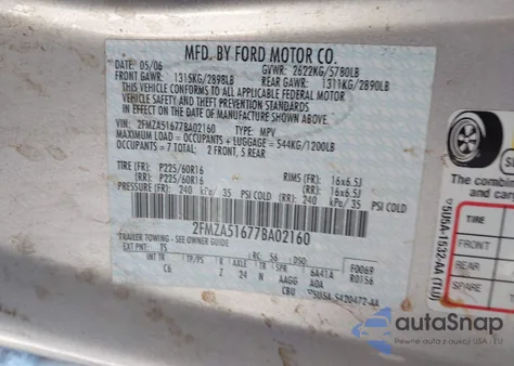 2007 Ford Freestar Se z USA, uszkodzony, nr VIN 2FMZA51677BA02160